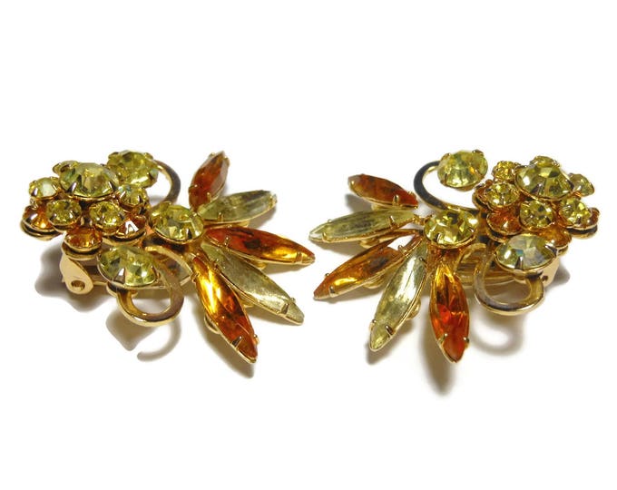 FREE SHIPPING Judy Lee brooch and earrings, signed brooch and clips amber and yellow navettes and rounds, pronged light gold, clip earrings