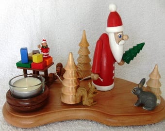 UNIQUE GERMAN HANDMADE Christmas Tea Light Holder Santa is pulling a sleigh with Presents X-mas Fir Tree Wood Turning Rabbit Squirrels