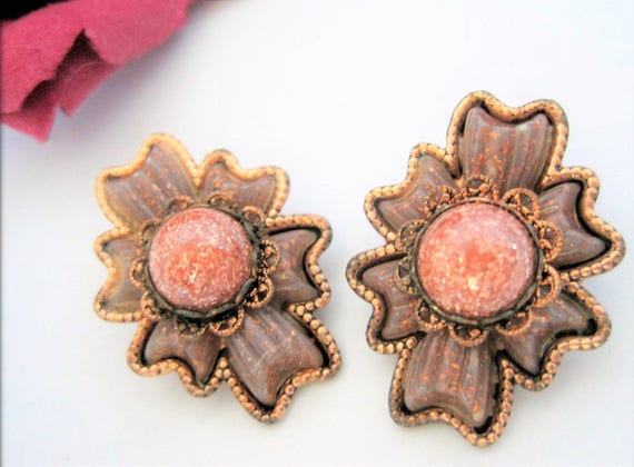 Mid Century Earrings - Goldstone Center - Copper Modernist - Clip Ons