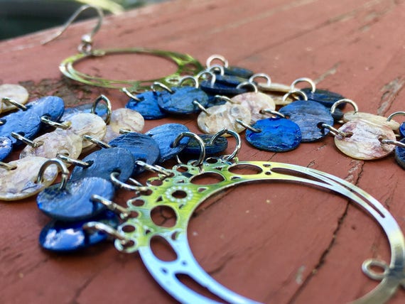 Dark Blue & Natural Mussel Shell Chandelier Earrings- Summer Earrings