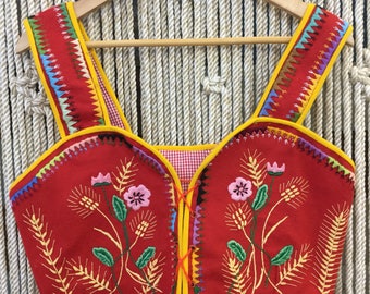 70s hand embroidered corset lace up Bavarian style top