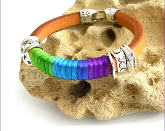 Bracelet Cuir épais Beige-Camel / Cordon rainbow et métal- sur mesure