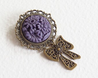 Petite Broche Romantique Vintage avec Camée - La Violette d'un Soir - Bronze vieilli, Violet - Bijou créateur, pièce unique