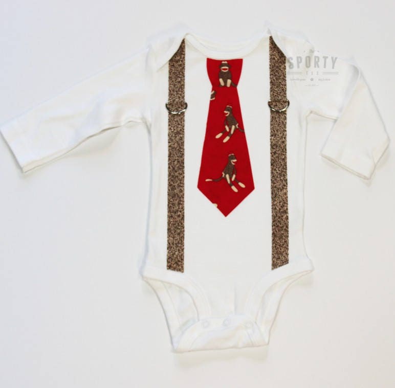 Sock Monkey Tie and Suspenders Onesie or shirt Baby boys