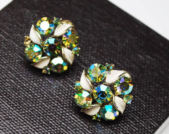 Lisner Earrings - Aurora Borealis crystal - Cream enamel - Green rhinestone - gold metal - cluster bead - Screw back earrings