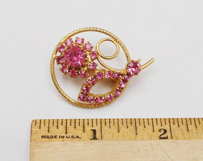Pink Rhinestone Flower Brooch -Mid century floral pin - gift for her