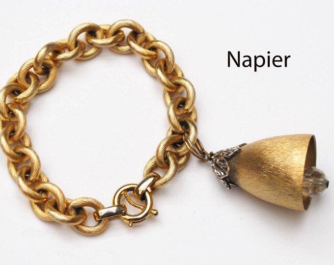 Napier Gold Bracelet - Crystal Bell Charm - Chunky Gold Chain Bracelet -Wedding Bell - 1970 Book Piece