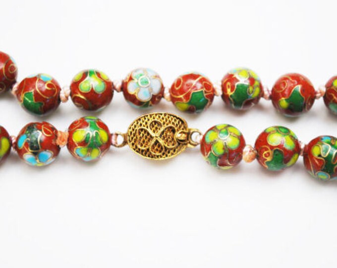 Cloisonne flower Bead Necklace - Rust Red Brown beads green blue gold - Enameling - Hand knotted beads -Asian Chinese