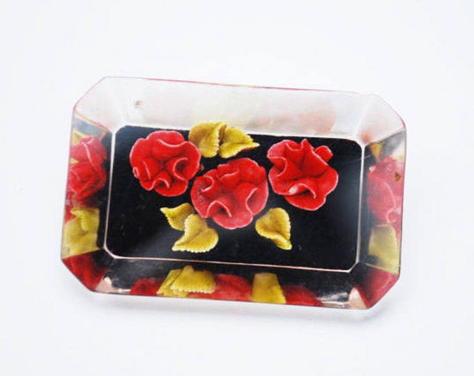 Reverse Carved Lucite Brooch - Red Rose Orchid Flower - yellow green leaves pin with black - Floral leaves pin