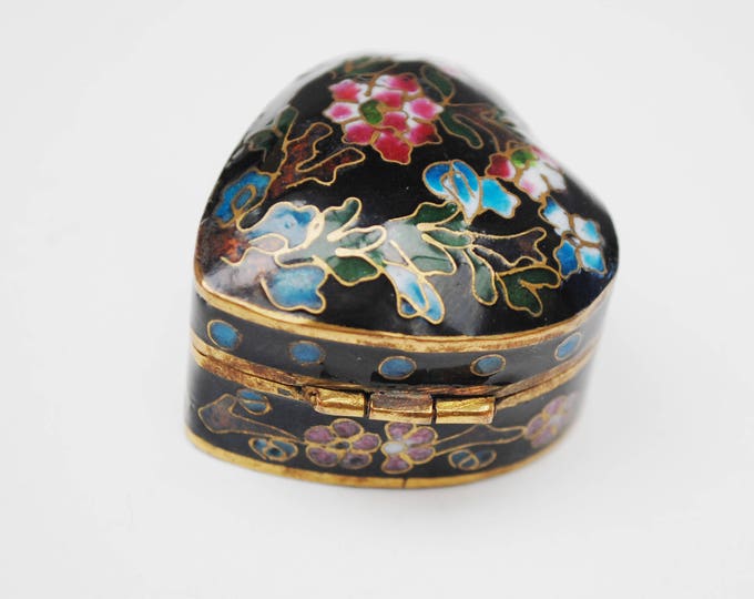 Cloisonne Heart Pill box - small black enameling -floral flower - blue interior -hinged trinket ring box