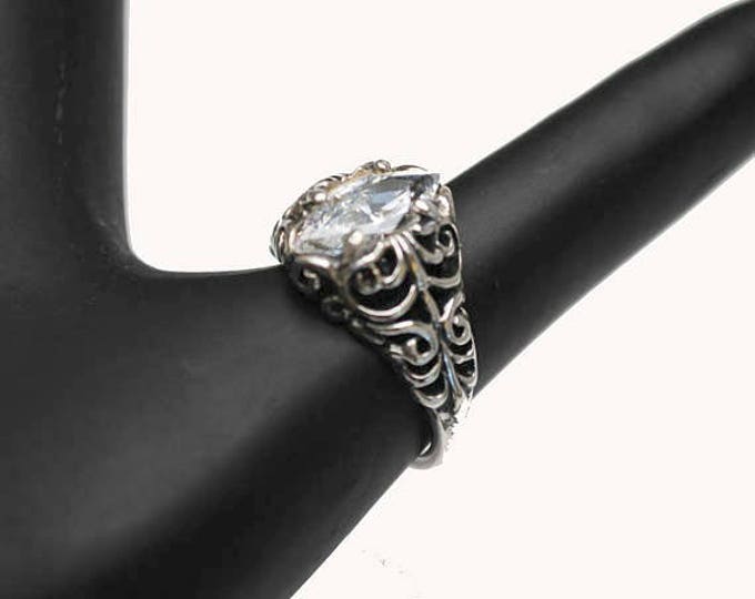 Sterling Filigree CZ ring - Signed Kabana -Cubic Zirconia - Size 7 ring - silver ornate setting -