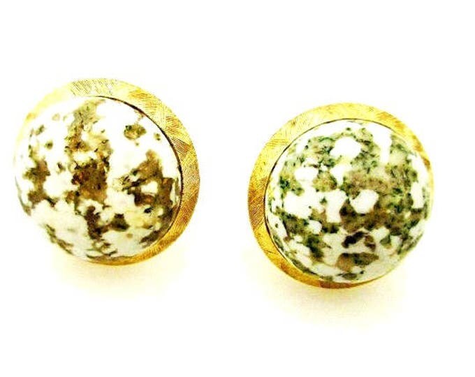 Dome Earrings - Signed Crown Trifari - white green speckle and gold clip on earring