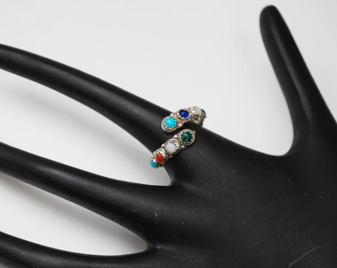 Silver Gemstone Cuff ring - Multi color inlay stone - size 9 ring -turquoise malachite,moonstone coral lapis - signed MCA