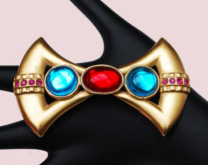 Bow Bar Brooch - Red blue cabochon - Rhinestone Art Deco Style pin