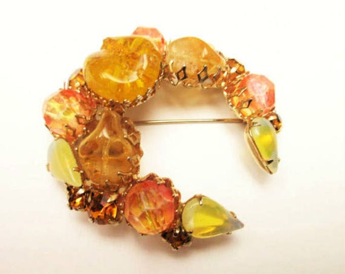 Rhinestone Crescent brooch -Yellow Orange Art Glass mid century - gold metal - c shape pin