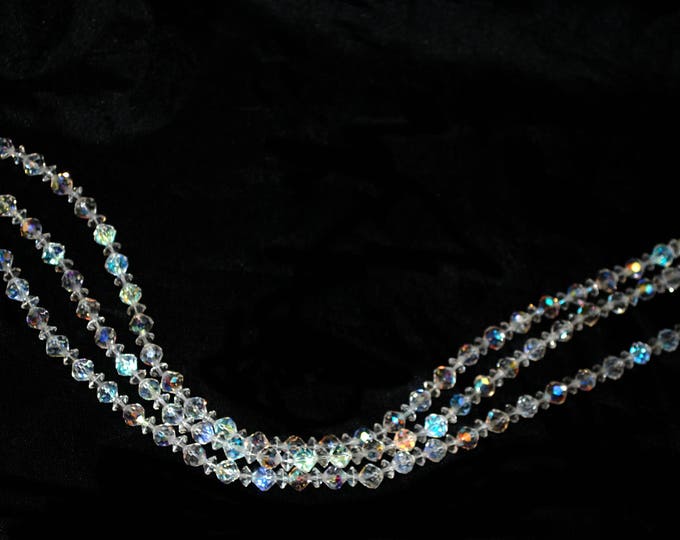 Crystal Bead Collar Necklace - Triple multi strand - facet cut crystal glass beads - 14 1/2 inches Aurora borealis Wedding Bride