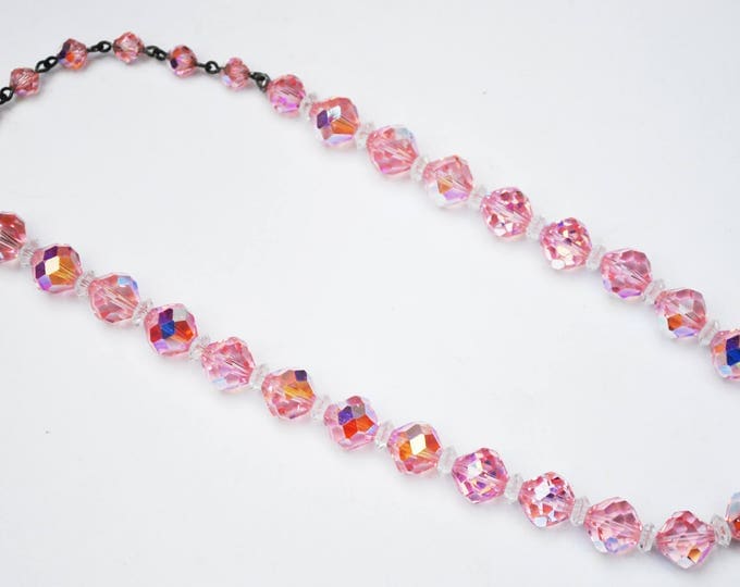 Pink Crystal Bead Necklace - Signed Laguna - Aurora borealis - Facet glass beads - Mid century