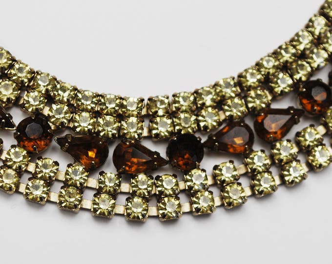 Rhinestone Bracelet - Brown Yellow Crystal - Mid century - Tennis bracelet