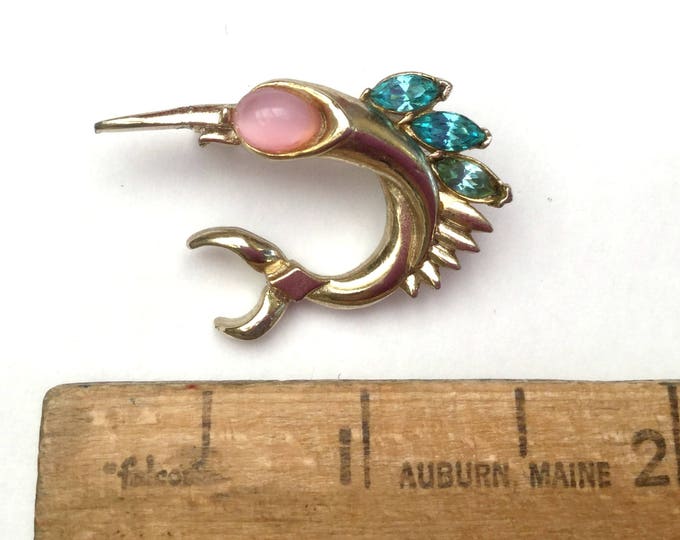 Coro Sword Fish Brooch - Gold -Pink Blue Rhinestone - Signed figurine fish pin