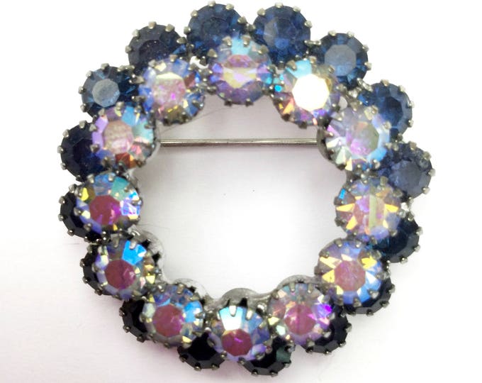 Blue Rhinestone Wreath Brooch - mid century - aurora borealis - blue Crystal Round pin