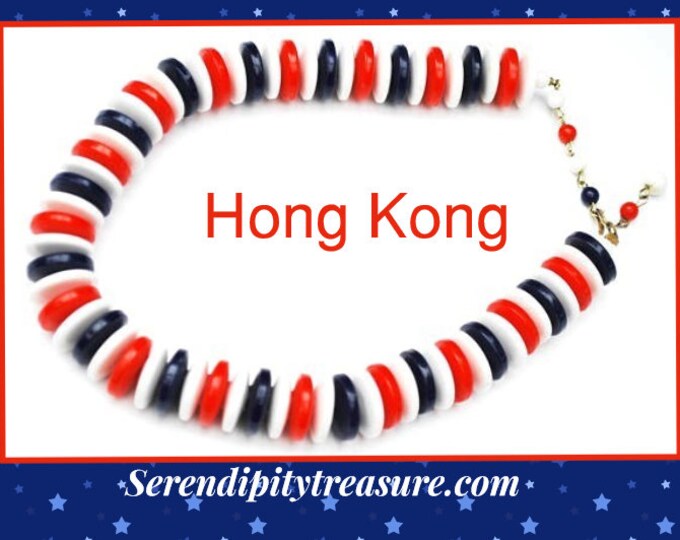 Red White Blue bead Necklace - Signed Hong Kong - Red White Blue Lucite disc Beads - Patriotic - Mid Century necklace