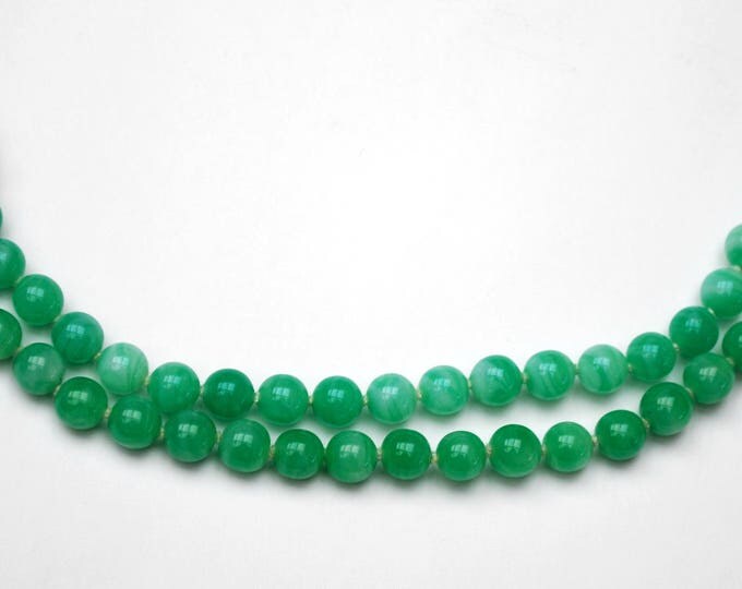 Green Peking glass Flower bracelet - Signed Japan,gold floral, knotted bead bangle -gift for her