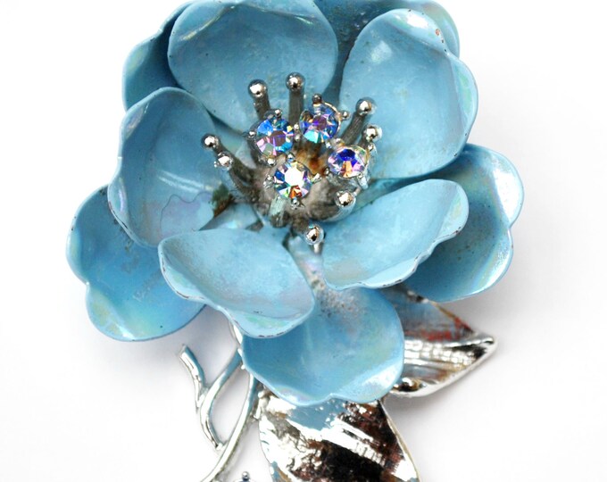 Coro Blue Flower Brooch - AB Rhinestone - light Powder blue - enamel on metal floral pin