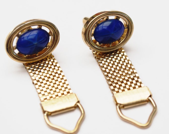 Blue Star Sapphire Glass Cufflinks - Blue glass Cabochon - fold over gold wrap mesh metal