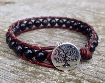 XMAS IN JULY black tourmaline beaded leather wrap bracelet for root chakra unisex for men and women october birthstone birthday