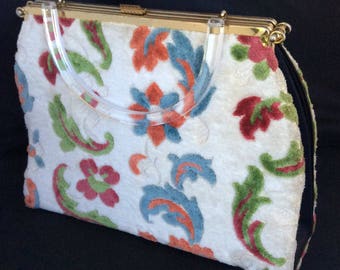 1960s 3-in-1 handbag with carpet cover and lucite handle