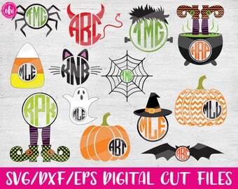 Halloween Monograms, SVG, DXF, EPS, Cut Files, Pumpkin, Witch, Spider, Frankenstein, Bat, Cat, Candy Corn, Vinyl, Silhouette, Cricut