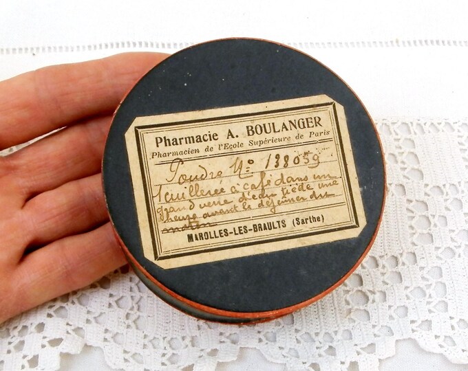 Antique Apothecary Pharmacist Round Box from France Dark Blue with Red Rim, French Vintage Pharmacy Box, Brocante Home Interior Decor
