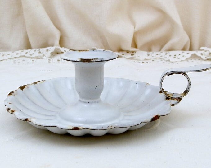 Antique French White Chippy Enamel Round Candle Holder / Candle Stick, Rustic Victorian Enamelware from France, Farmhouse Decor, Shabby Chic Antique French White Chippy Enamel Round Candle Holder / Candle Stick, Rustic Victorian Enamelware from France, Farmhouse Decor, Shabby Chic