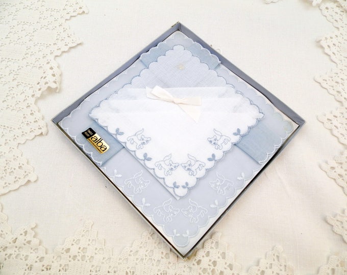 Vintage Unused Boxed of 2 Blue and White Handkerchiefs Embroidered with Puppy Dogs Made in Switzerland by Alba, Swiss Hankies