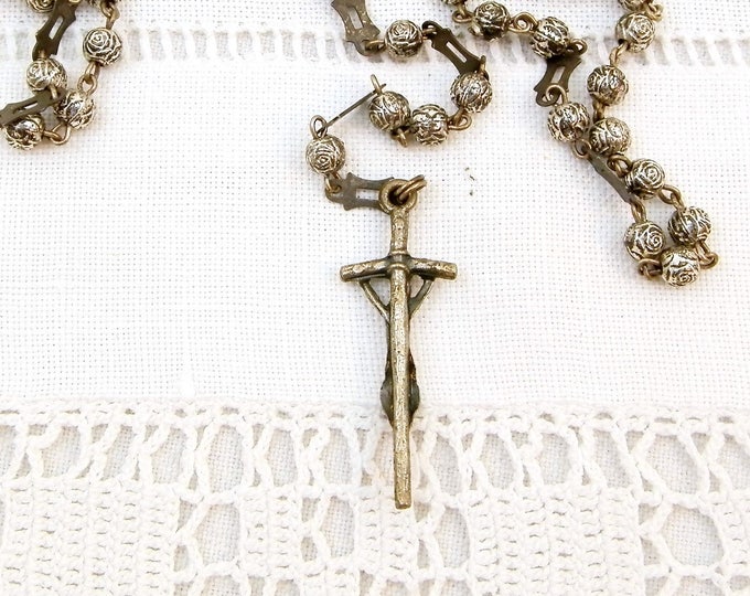 Vintage 1960s Small Delicate Silver Plated Rosary Beads and Crucifix, French Rose Shaped Religious Beads