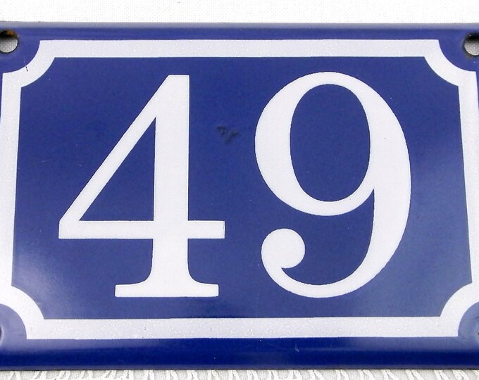 Blue and White Enamel Metal Number Plaque 49, Vintage French House Street Enameled Sign