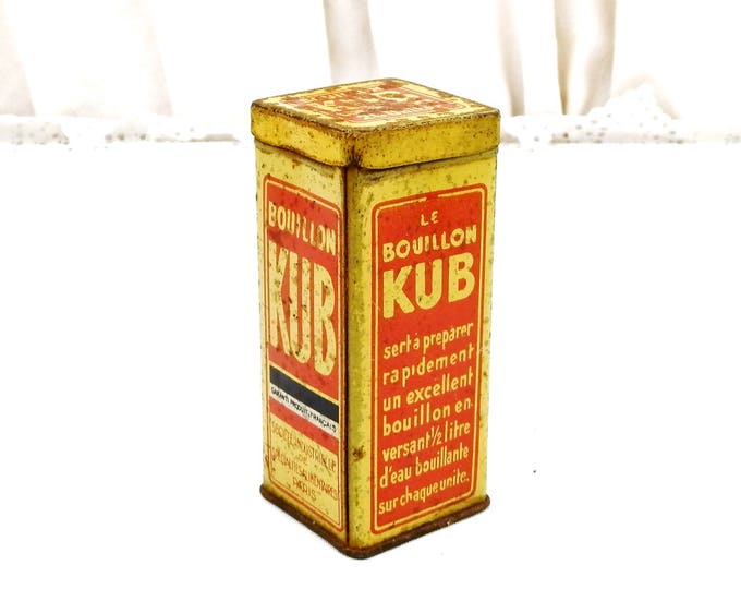 Small Vintage French Metal Tin For Gravy Cubes Bouillon Kub Red Graphics on Yellow, Kitchen Decor From France, Collectible Thin Metal Box