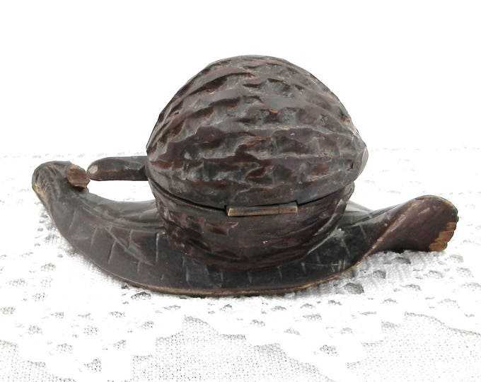 Antique Carved Wooden Black Forest Artisan Walnut and Leaf Shaped Inkwell, Primitive Wood Sculpted Nut 19th Century Curios, Collectible