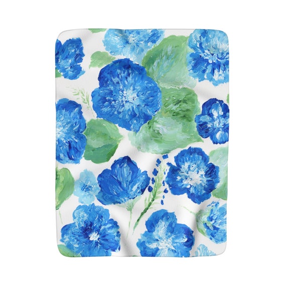 Blue White Floral Fleece Blanket blue white blanket blue