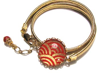 Dome embossed gold and red, Gold Leather Bracelet