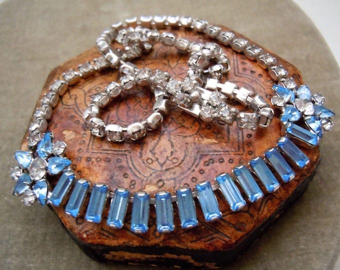 B David Rhinestone Necklace, Emerald Cut Blue Baguettes, Vintage Rhinestone Jewelry, Wedding, Bride, Something Blue