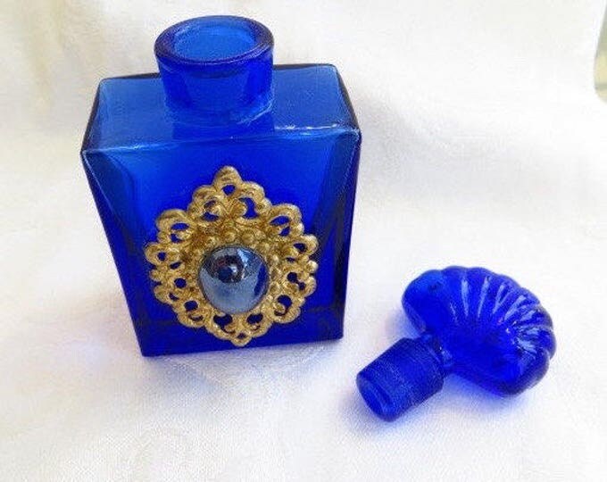 Vintage Perfume Bottle, Cobalt Glass Perfume, Gold Filigree, Vanity Bottle