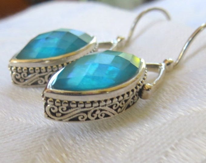 Sajen Aquamarine Earrings, Sterling Silver Pierced Earrings, Bali Style, Beach Wedding, Vintage Jewelry
