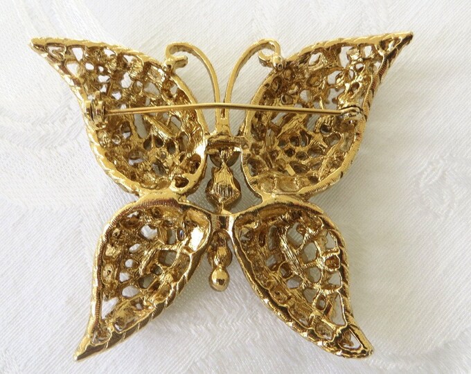 Rhinestone Butterfly Brooch, Amber Rhinestones, Vintage Butterfly Jewelry