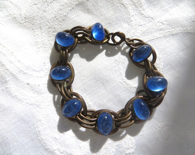 Czech Glass Bracelet, Vintage Cobalt Blue Cabochons, Vintage Link Bracelet, Czech Jewelry