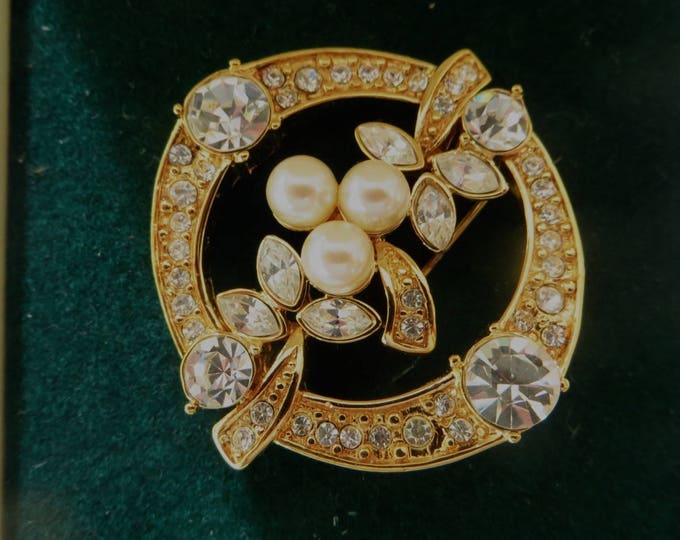 Vintage Monet Brooch, Rhinestone and Pearl Circle Pin, Original Box, 1980s Monet Jewelry