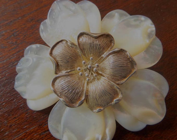 Vintage Mother of Pearl Floral Brooch, Sterling Silver Flower Pendant, Floral Jewelry