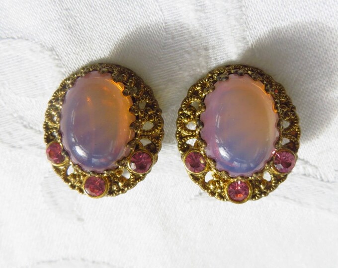 Pink Moonstone Earrings, Vintage 1940s Clip Earrings, West Germany Jewelry