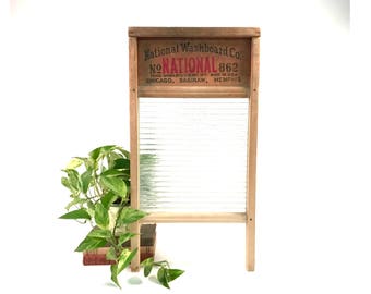 Vintage Wood Glass Washboard / National Washboard Co. / No 862 / White Hen / Rustic Industrial Decor / Wall Hanging Art / 1940s