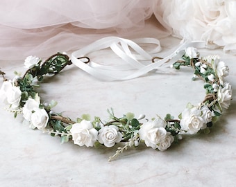 White flowers crown White and green flower crown Flowergirl crown Ivory flowers Headband Greenery crown Bridal floral crown Wedding headpie